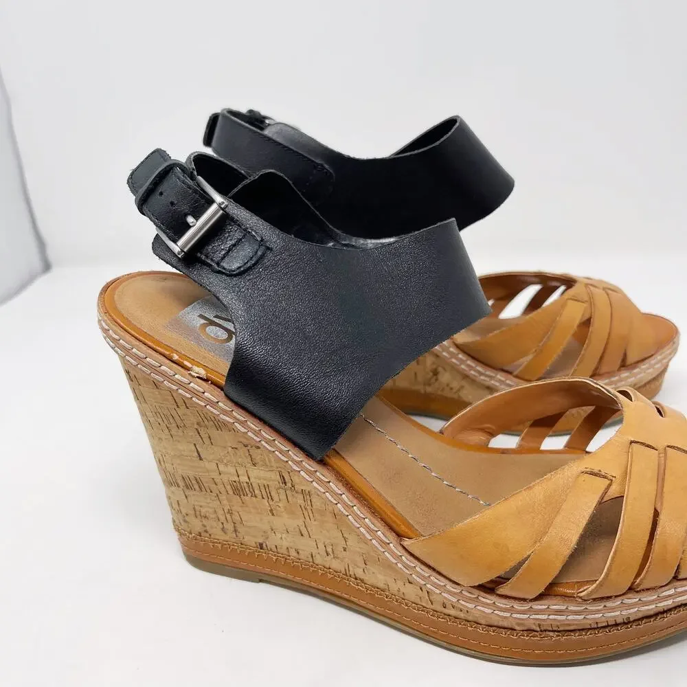DV by Dolce Vita Womens 7.5 Honey Tan Black Jaslyn Wedge Heel Sandal Cork Buckle